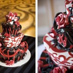 Красный узор на черно-белом свадебном торте