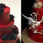 Красный свадебный торт с объемным декором