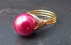 Fushia Pearl Ring Gold Wire Wrapped Ring, Hot Pink