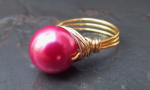 Fushia Pearl Ring Gold Wire Wrapped Ring, Hot Pink