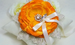 Naturally Orange Bloom on Silk Dupioni Wedding Ring Pillow